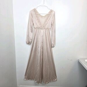 Vintage Blush Pink Satin Lace Trim Empire Waist Maxi Cottagecore Nightgown Sz XS